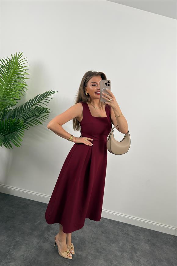 Premium Seri Double Atlas Kumaş Midi Boy Kloş Elbise Bordo
