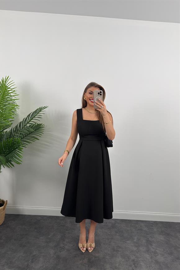 Premium Seri Double Atlas Kumaş Midi Boy Kloş Elbise Siyah