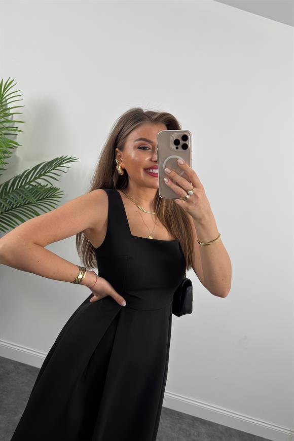 Premium Seri Double Atlas Kumaş Midi Boy Kloş Elbise Siyah