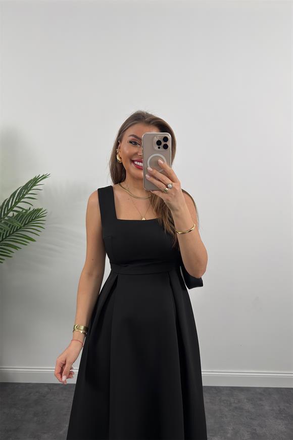 Premium Seri Double Atlas Kumaş Midi Boy Kloş Elbise Siyah