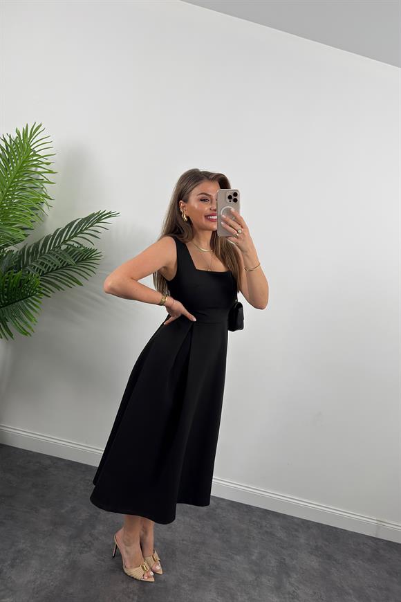Premium Seri Double Atlas Kumaş Midi Boy Kloş Elbise Siyah
