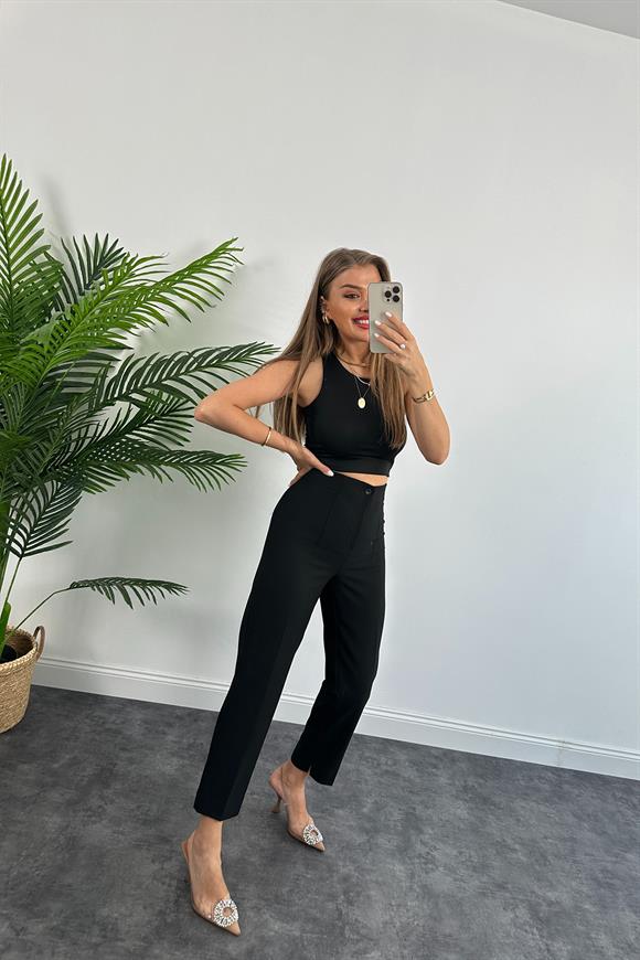 Premium Seri Double Atlas Kumaş Paçası Yırtmaçlı Beli Pensli Pantolon Siyah