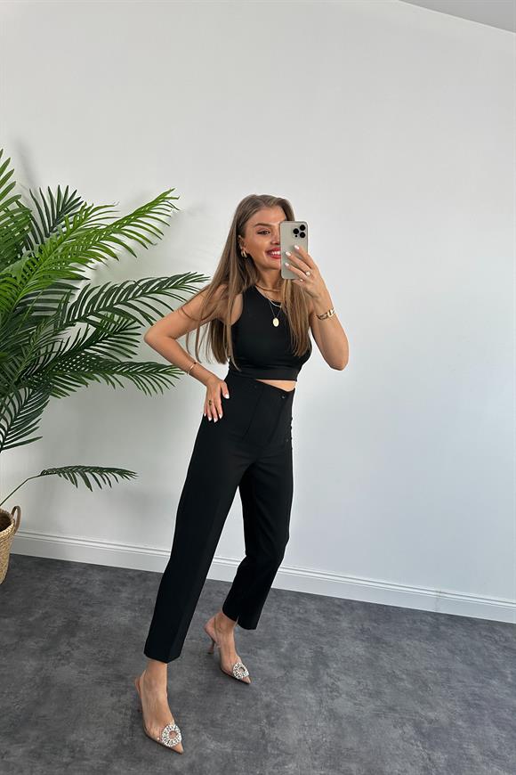 Premium Seri Double Atlas Kumaş Paçası Yırtmaçlı Beli Pensli Pantolon Siyah