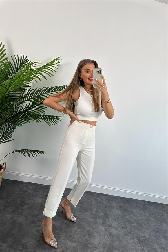 Premium Seri Double Atlas Kumaş Paçası Yırtmaçlı Beli Pensli Pantolon Beyaz