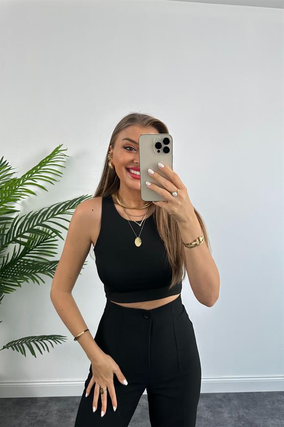 Premium Seri Double Atlas Kumaş Paçası Yırtmaçlı Beli Pensli Pantolon Siyah