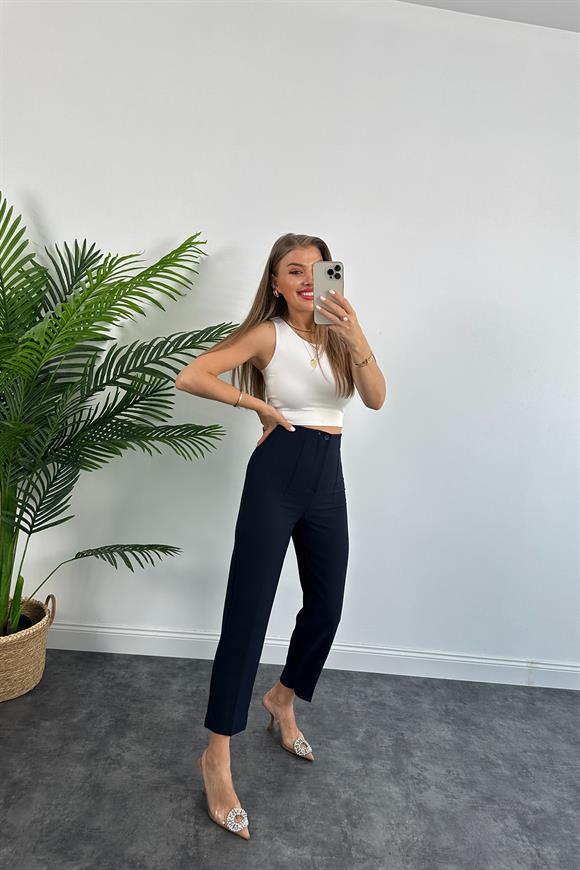 Premium Seri Double Atlas Kumaş Paçası Yırtmaçlı Beli Pensli Pantolon Lacivert