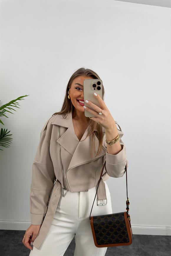 Premium Seri Double Krep Biker Ceket Taş