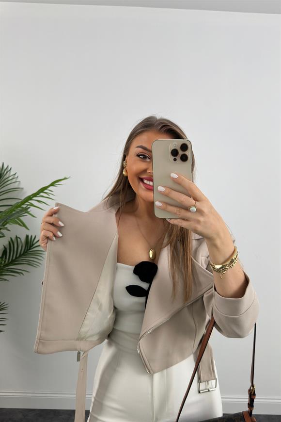 Premium Seri Double Krep Biker Ceket Taş