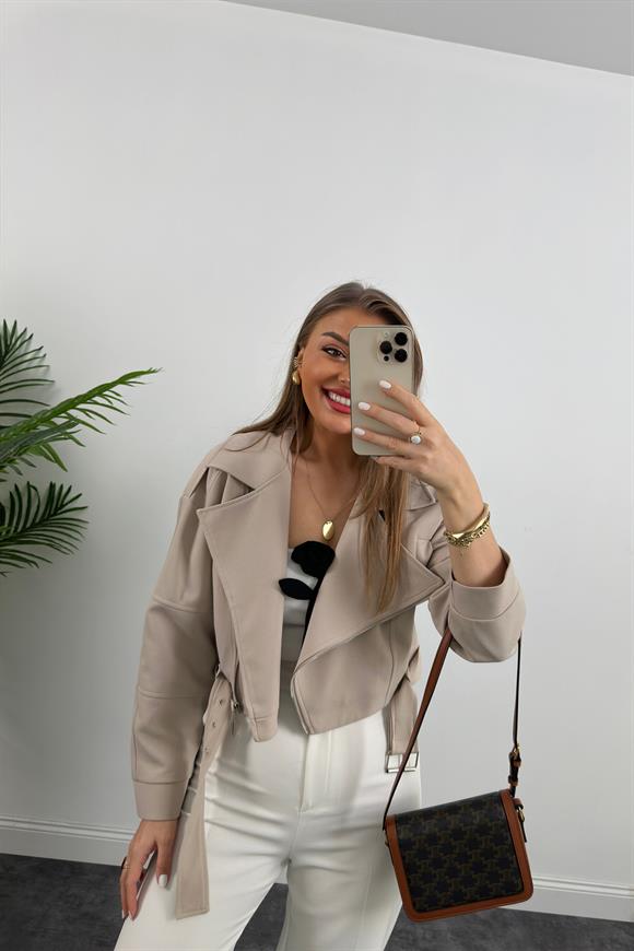 Premium Seri Double Krep Biker Ceket Taş