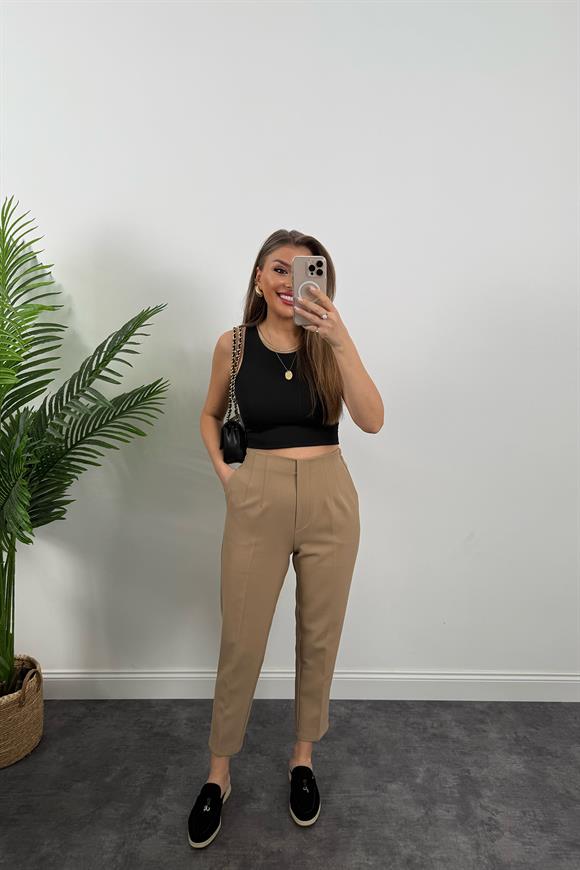 Premium Seri Double Kumaş Arka Beli Lastikli Flatolu Pantolon Camel