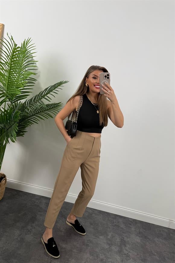 Premium Seri Double Kumaş Arka Beli Lastikli Flatolu Pantolon Camel