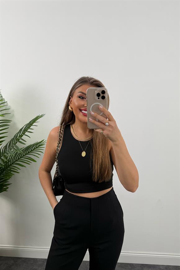 Premium Seri Double Kumaş Arka Beli Lastikli Flatolu Pantolon Siyah