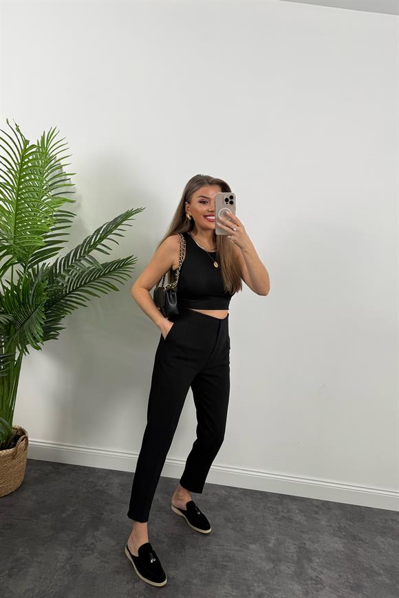 Premium Seri Double Kumaş Arka Beli Lastikli Flatolu Pantolon Siyah