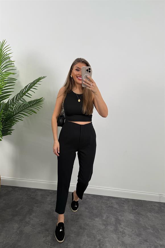 Premium Seri Double Kumaş Arka Beli Lastikli Flatolu Pantolon Siyah