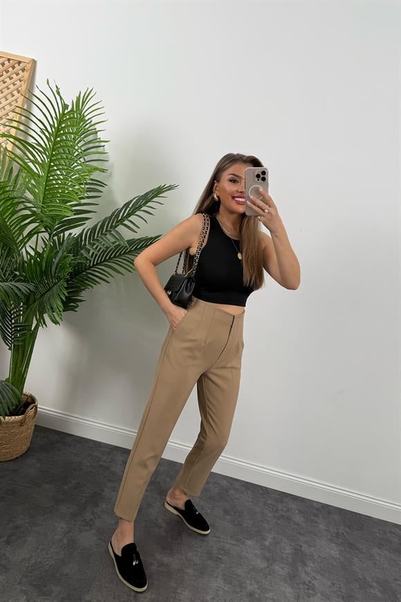 Premium Seri Double Kumaş Arka Beli Lastikli Flatolu Pantolon Camel