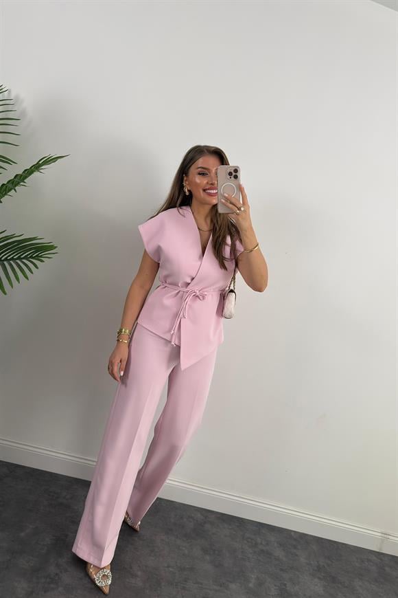 Premium Seri Double Kumaş Bağlamalı Asimetrik Yelek Pastel Pembe