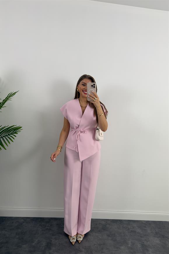 Premium Seri Double Kumaş Bağlamalı Asimetrik Yelek Pastel Pembe