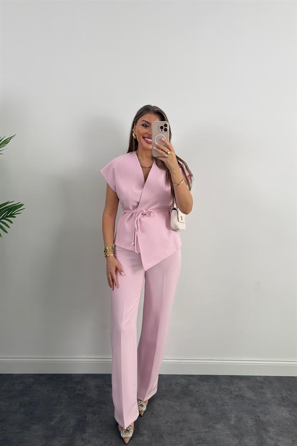 Premium Seri Double Kumaş Bağlamalı Asimetrik Yelek Pastel Pembe