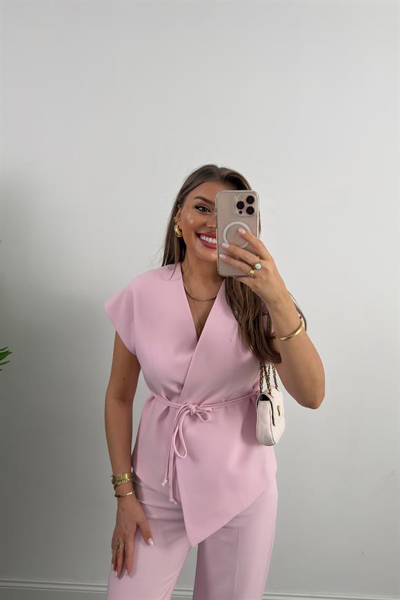 Premium Seri Double Kumaş Bağlamalı Asimetrik Yelek Pastel Pembe