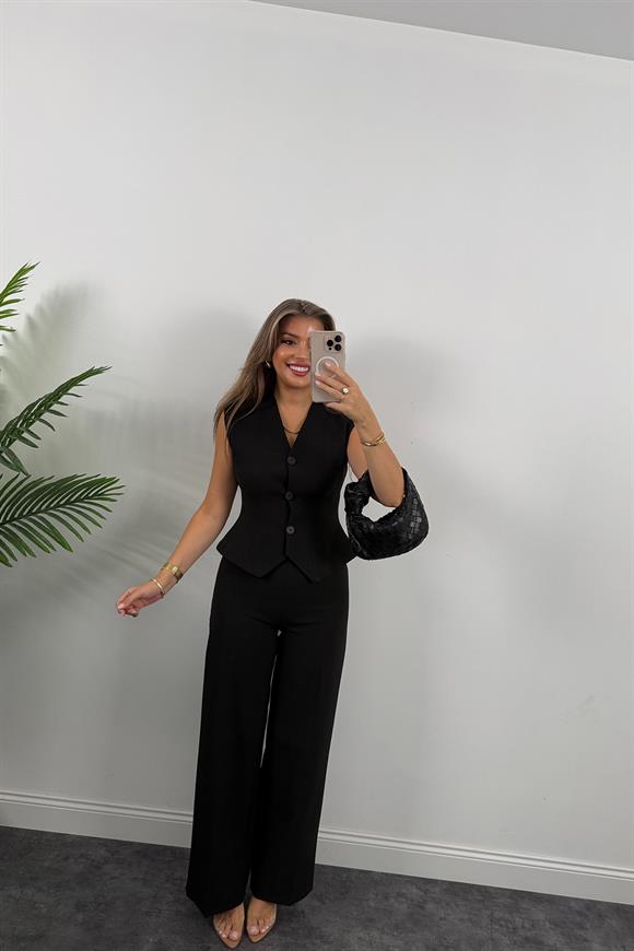 Premium Seri Double Kumaş Belden Oturtma Yelek Palazzo Takım Siyah