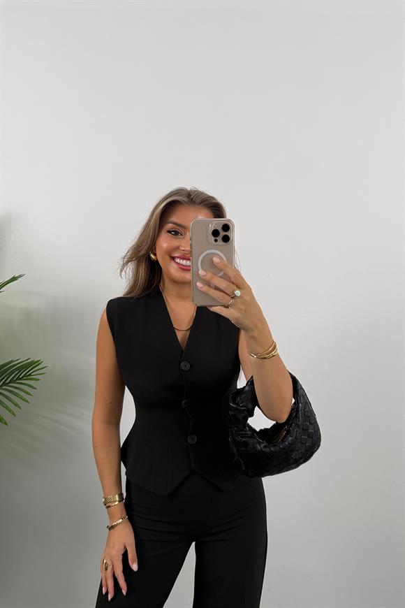 Premium Seri Double Kumaş Belden Oturtma Yelek Palazzo Takım Siyah