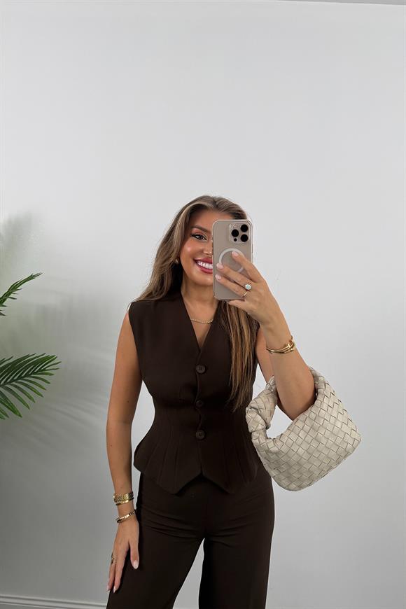 Premium Seri Double Kumaş Belden Oturtma Yelek Palazzo Takım Acı Kahve