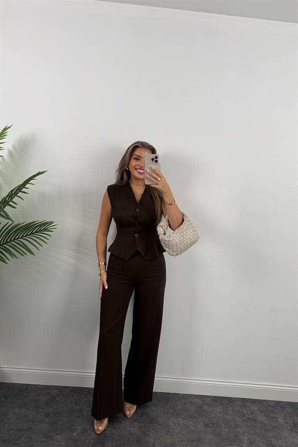 Premium Seri Double Kumaş Belden Oturtma Yelek Palazzo Takım Acı Kahve