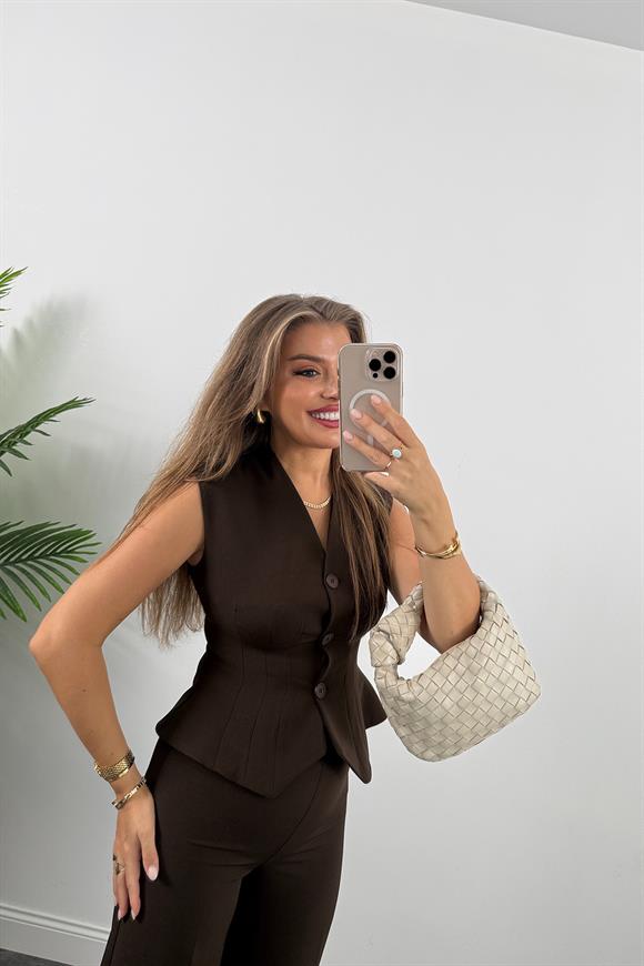 Premium Seri Double Kumaş Belden Oturtma Yelek Palazzo Takım Acı Kahve