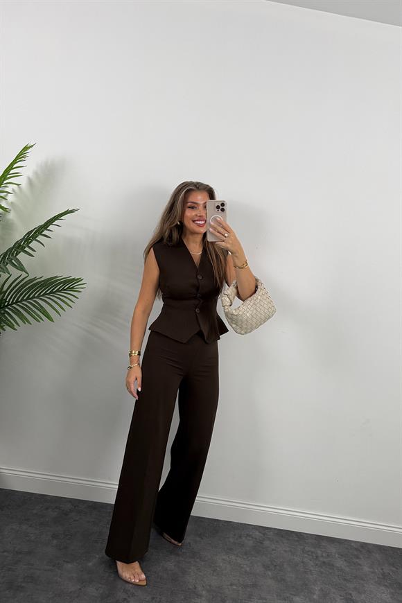 Premium Seri Double Kumaş Belden Oturtma Yelek Palazzo Takım Acı Kahve