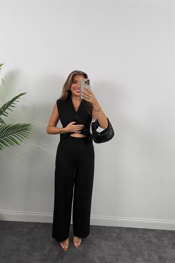 Premium Seri Double Kumaş Belden Oturtma Yelek Palazzo Takım Siyah