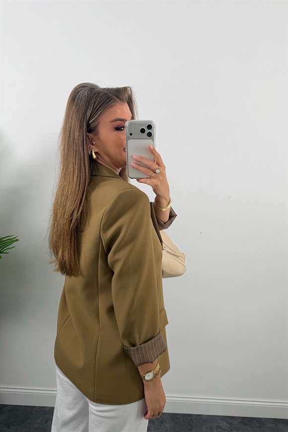 Premium Seri Double Kumaş Çizgili Tona Tona Astar Blazer Olive