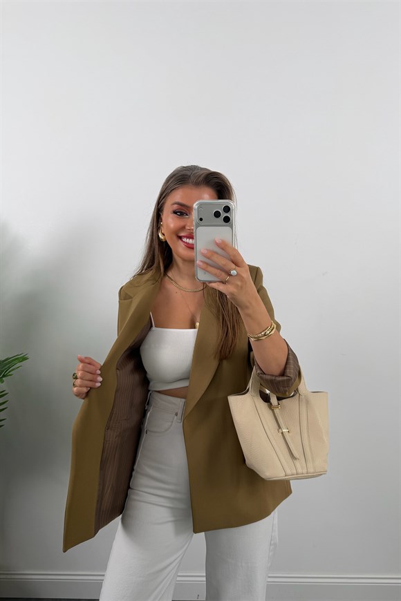 Premium Seri Double Kumaş Çizgili Tona Tona Astar Blazer Olive