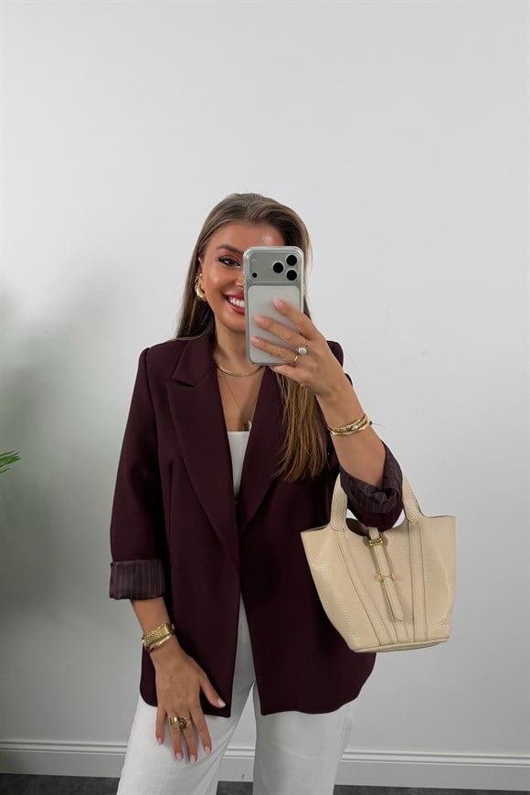 Premium Seri Double Kumaş Çizgili Tona Tona Astar Blazer Mürdüm