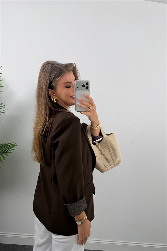 Premium Seri Double Kumaş Çizgili Tona Tona Astar Blazer Koyu Kahve