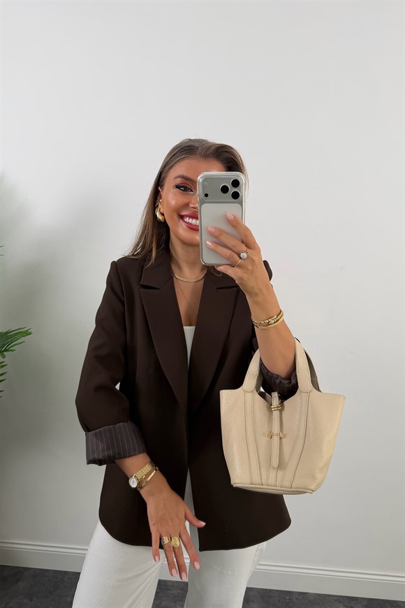 Premium Seri Double Kumaş Çizgili Tona Tona Astar Blazer Koyu Kahve