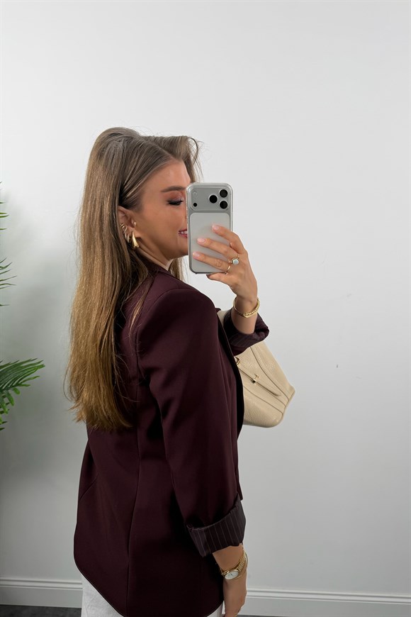 Premium Seri Double Kumaş Çizgili Tona Tona Astar Blazer Mürdüm