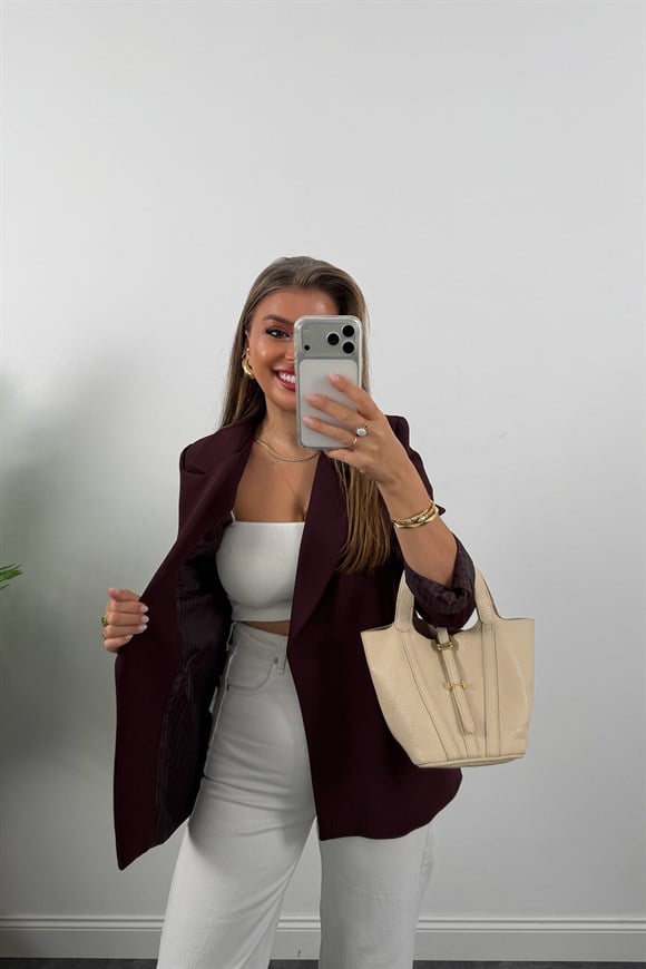 Premium Seri Double Kumaş Çizgili Tona Tona Astar Blazer Mürdüm