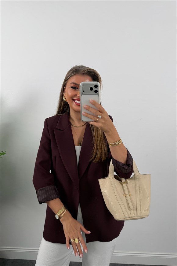 Premium Seri Double Kumaş Çizgili Tona Tona Astar Blazer Mürdüm