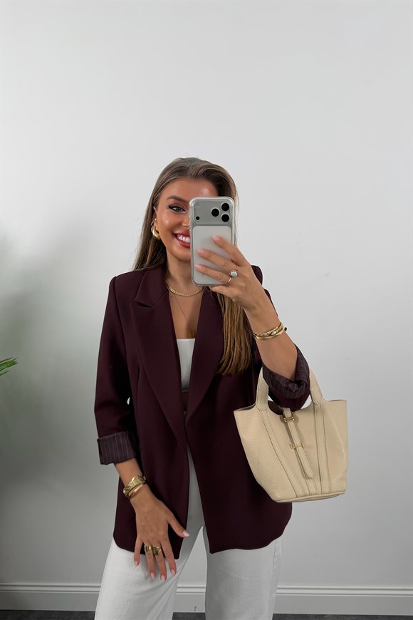 Premium Seri Double Kumaş Çizgili Tona Tona Astar Blazer Mürdüm