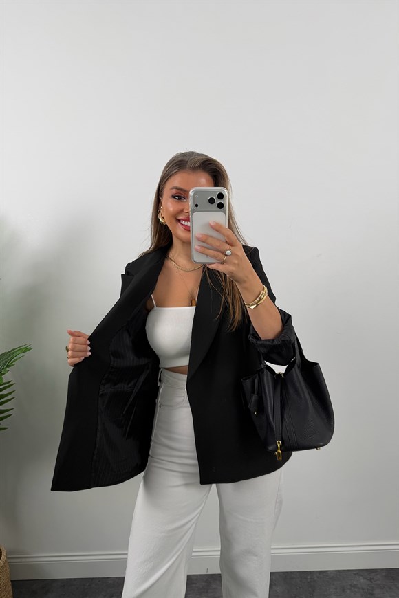 Premium Seri Double Kumaş Çizgili Tona Tona Astar Blazer Siyah