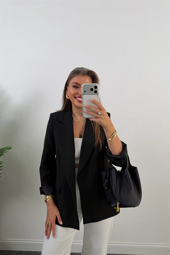 Premium Seri Double Kumaş Çizgili Tona Tona Astar Blazer Siyah