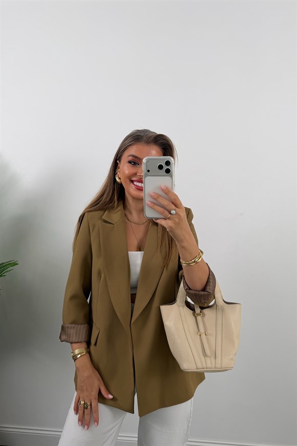 Premium Seri Double Kumaş Çizgili Tona Tona Astar Blazer Olive