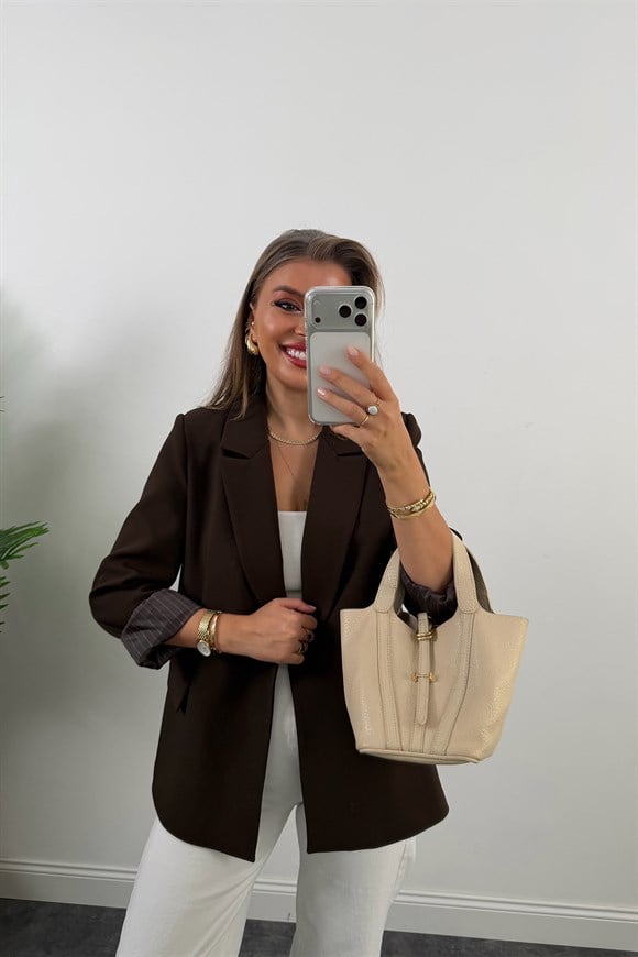 Premium Seri Double Kumaş Çizgili Tona Tona Astar Blazer Koyu Kahve