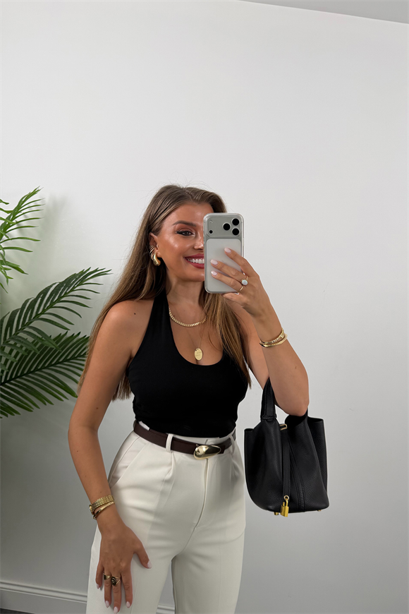 Premium Seri Double Kumaş Damla Kemerli Havuç Pantolon Beyaz