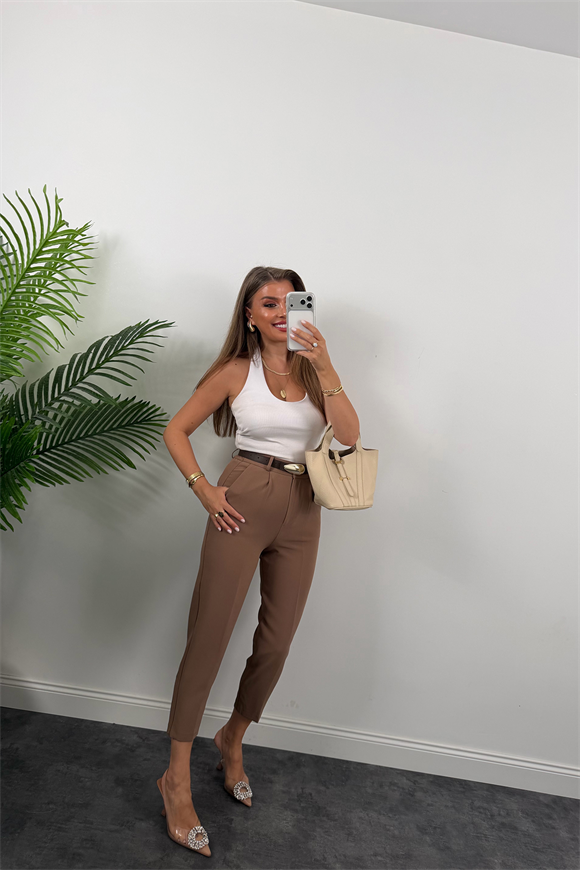 Premium Seri Double Kumaş Damla Kemerli Havuç Pantolon Kahverengi