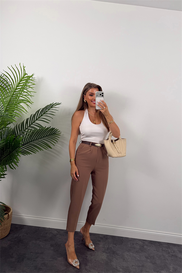 Premium Seri Double Kumaş Damla Kemerli Havuç Pantolon Kahverengi