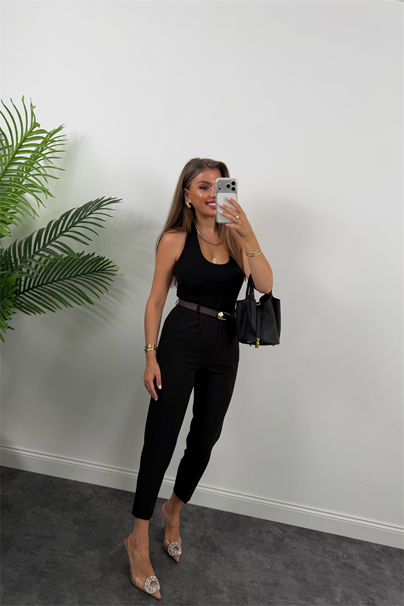 Premium Seri Double Kumaş Damla Kemerli Havuç Pantolon Siyah