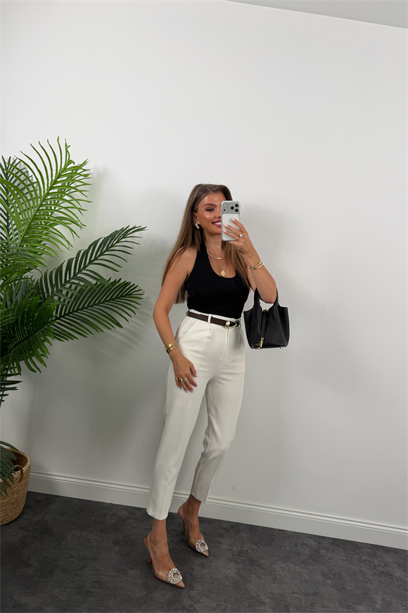 Premium Seri Double Kumaş Damla Kemerli Havuç Pantolon Beyaz