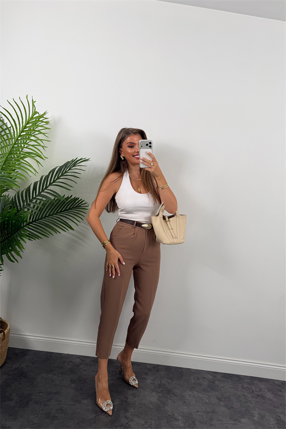 Premium Seri Double Kumaş Damla Kemerli Havuç Pantolon Kahverengi