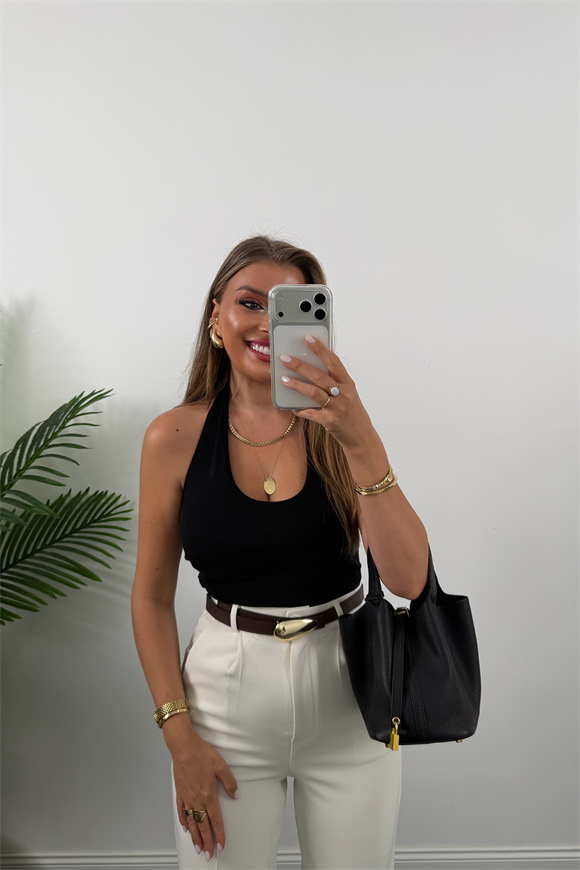 Premium Seri Double Kumaş Damla Kemerli Havuç Pantolon Beyaz